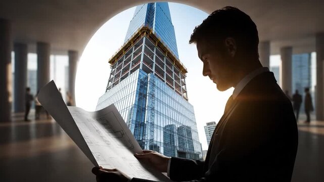 Double exposure of an architect and a time-lapse of a skyscraper construction