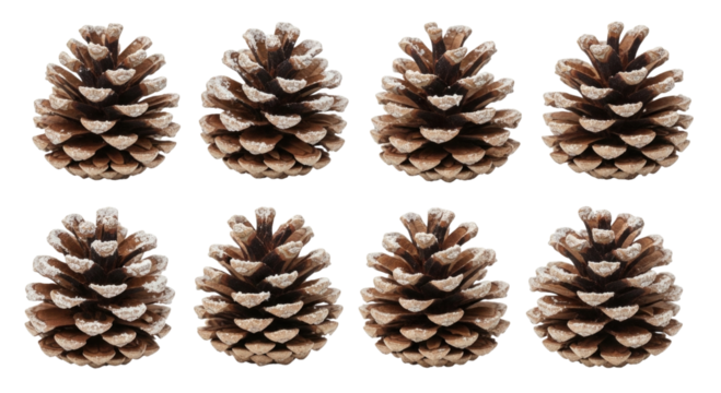 Eight pinecones on black background transparent background cutout png