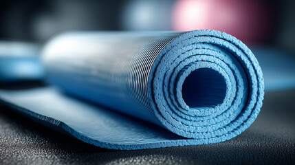 Rolled blue yoga mat in realistic style for exercise
