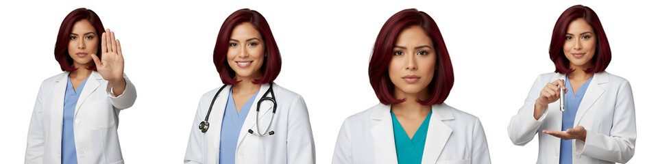 Four professional female doctors, isolated on transparent background. Diverse poses: 'stop' gesture, confident smile, empathy, and penlight use. Ideal for medical branding, health campaigns,