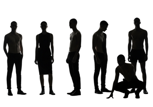Silhouettes of diverse people in various poses isolated on transparent background