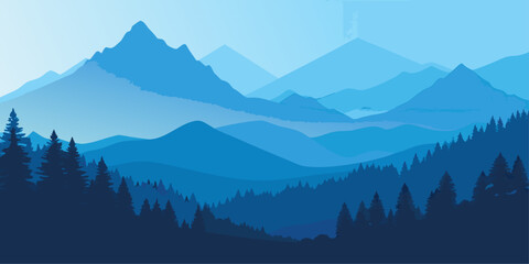 Layered blue mountain ranges with silhouetted pine trees