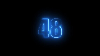 Abstract glowing neon text 48 number countdown icon. Glowing sign on black background Neon number 48 with alpha channel, simple blue neon color. Seamless loop style animation - Powered by Adobe