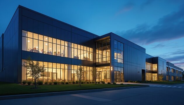 Modern dark building with bright lit windows at evening. People inside work at desks in contemporary tech office facility. Business center handles data management, cloud computing, cyber security, - Powered by Adobe