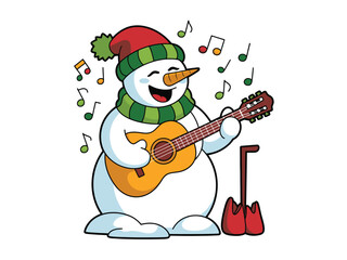 A cheerful snowman plays a guitar and sings surrounded by musical notes.