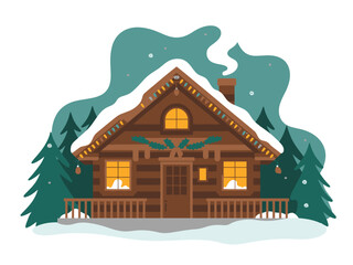 A cozy wooden cabin is decorated with Christmas lights and covered in snow.