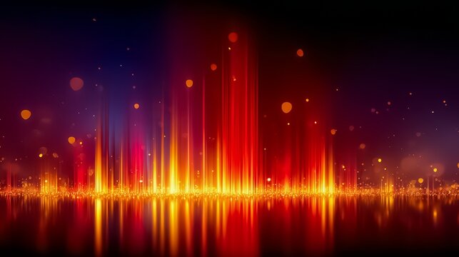Colorful, abstract image of a city skyline with a red and blue background. The image is full of bright colors