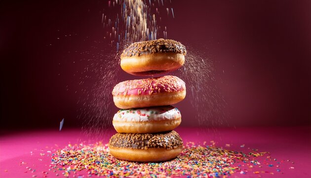 a stack of delicious donuts falling down with sprinkles on a dark pink background