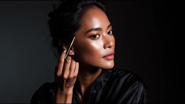 Makeup application tips featuring a model in a stylish studio setting