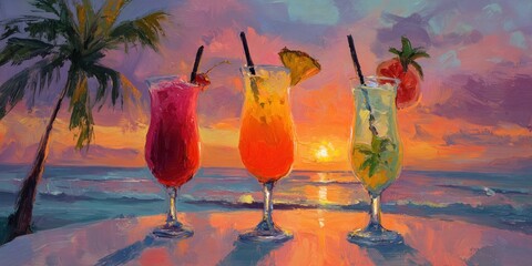Tropical Cocktails at Sunset - A Beachside Paradise Painting.