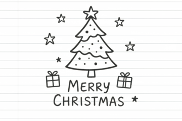Christmas tree doodle with gift boxes and stars wishing a merry christmas, transparent background