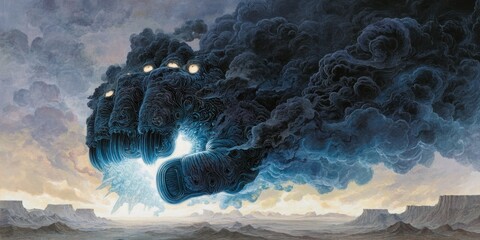 Surreal Landscape with a Dark, Ominous Cloud Formation Resembling a Monster.