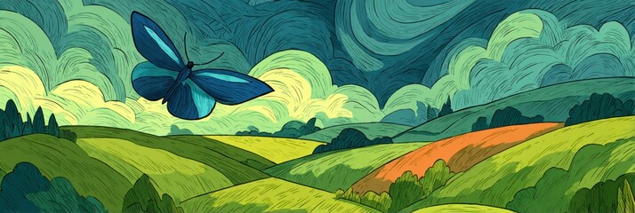 butterfly postcard template, a charming, whimsical postcard template with a gentle, hand-drawn style features a blue butterfly and rolling green hills, leaving space for a message