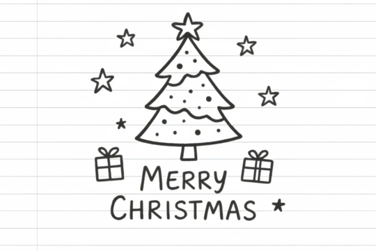 Christmas tree doodle with gift boxes and stars wishing a merry christmas, transparent background