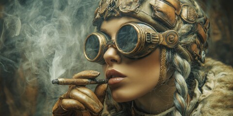 Steampunk Woman with Goggles Smoking Cigar in a Detailed Portrait.
