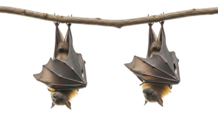 Two bats hanging upside down on a branch transparent background cutout png