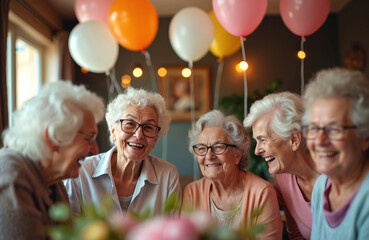 Elderly women friends smile, laugh together at birthday party indoors. Happy seniors celebrate occasion with balloons, warm atmosphere. People enjoy event with joy, togetherness at nursing home.