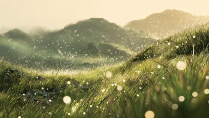Lush Green Hills with a Dreamy, Ethereal Atmosphere and Bokeh Lights.