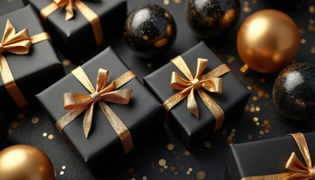 Elegant black and gold gift boxes with shiny ribbons. Festive balloons and confetti add glamour to this luxury celebration scene. Presents are beautifully wrapped for special occasions and parties.