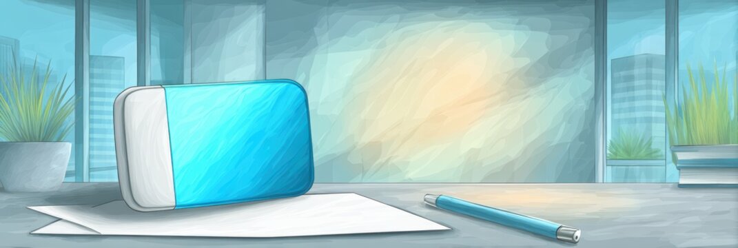 medical communications, professional postcard design with a continuous glucose monitor at the bottom left, and a softly blurred office setting for health organizations