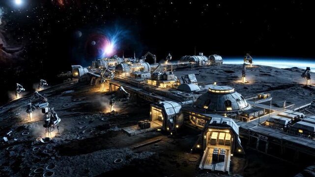 Wide shot of a futuristic lunar base or space colony with modular buildings and mining robots under a nebula