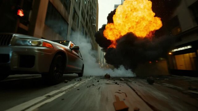 Apocalyptic Explosion: An explosion erupts in a city street, sending debris flying amidst the backdrop of towering buildings, encapsulating chaos and destruction.