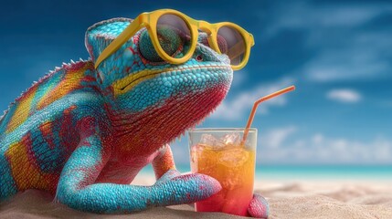 Chameleon enjoying a tropical drink on the beach with sunglasses.