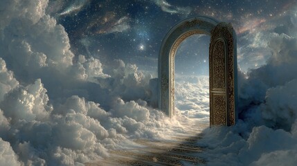 Surreal Doorway to Another World Amidst Clouds and Stars.
