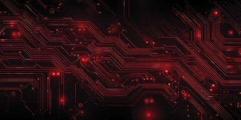 Abstract Red Circuit Board Design with Glowing Components and Traces.