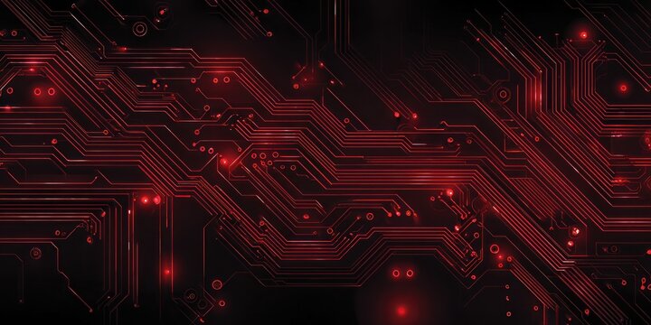 Abstract Red Circuit Board Design with Glowing Components and Traces.