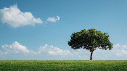 Solitary Tree Standing Tall in a Green Field Under a Blue Sky.