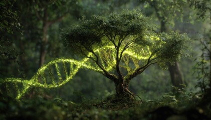DNA Helix Illuminating a Tree in a Lush Forest.