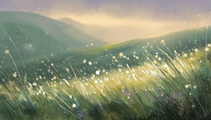 Serene Meadow Landscape with Gentle Breeze and Soft Sunlight.