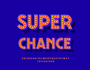 Vector Promo flyer Super Chance. Electric Lamp Font. Light Bulb Alphabet Letters and Numbers set