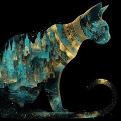 Egyptian Cat Silhouette with Cityscape and Hieroglyphic Collar.