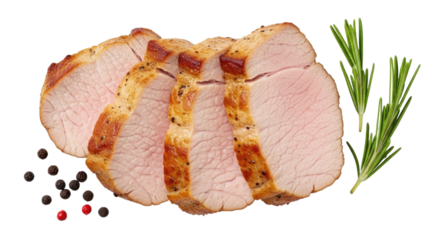 Sliced roasted pork loin with rosemary and peppercorns transparent background cutout png