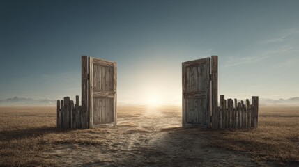 Surreal landscape with open doors leading to a bright future.