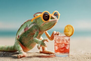 Chameleon in Sunglasses Enjoying a Cocktail on the Beach.