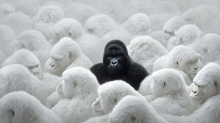 Black gorilla surrounded by white gorillas, a study in contrast.