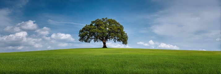 Solitary Tree on a Green Hill Under a Cloudy Blue Sky.