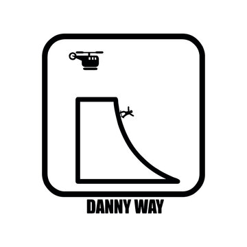 A black and white logo of a person on a ramp with a helicopter and the words danny way below