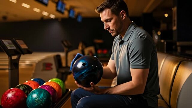 Focused bowler choosing perfect ball in a modern bowling alley scene