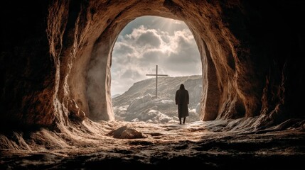 Resurrection Hope - Silhouette at Tomb Entrance with Cross.