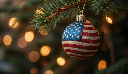 USA Flag Christmas Ornament Hanging from Pine Branch with Festive Bokeh Lights