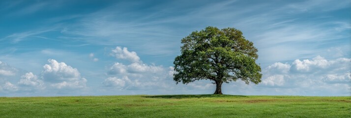 Solitary Tree Standing Tall in a Green Field Under a Cloudy Sky.