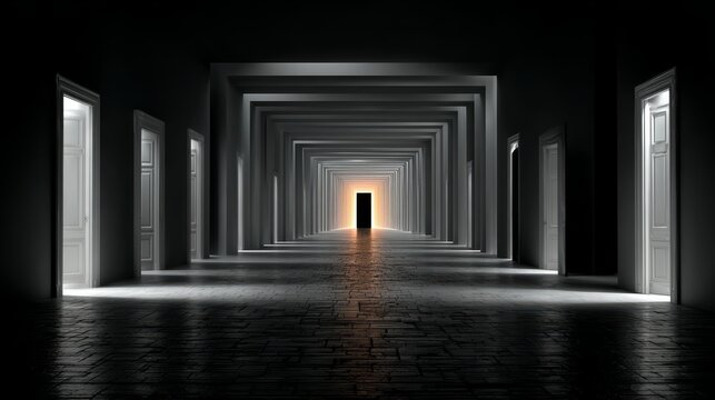 Long hallway with many doors and a single door that is lit up. The hallway is dark and empty