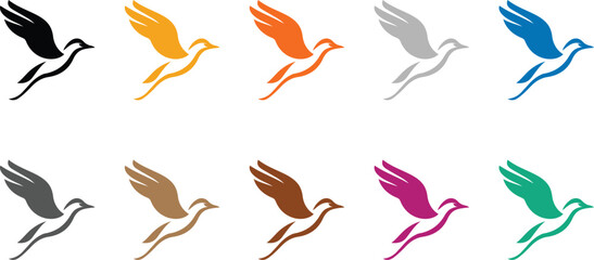 Stylized flying bird icons collection colorful design, Set of vibrant bird silhouettes in flight vector