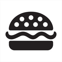 Simple black and white icon representing a classic hamburger with sesame seeds on the bun