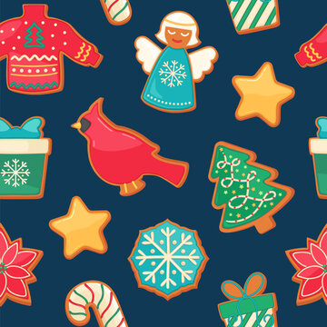 Christmas gingerbread cookie seamless pattern. Holiday bakery brown iced sugar cookies on blue background. Cartoon sweet food repeat design vector illustration for cute wrapping paper or fabric print.