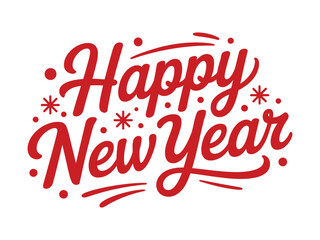 A cheerful 'Happy New Year' message is displayed in stylized red lettering with festive dots and lines.